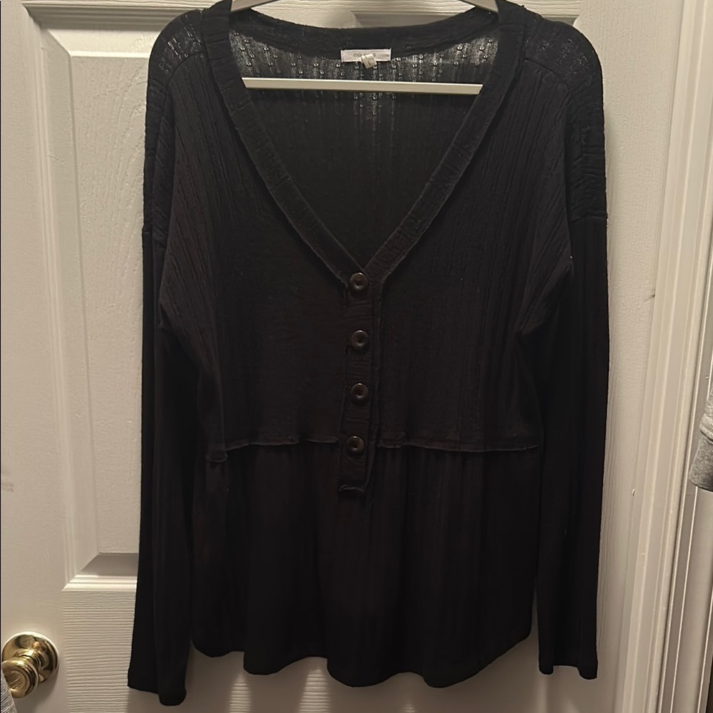 Maurices Black Long Sleeve Ribbed Button Down Top